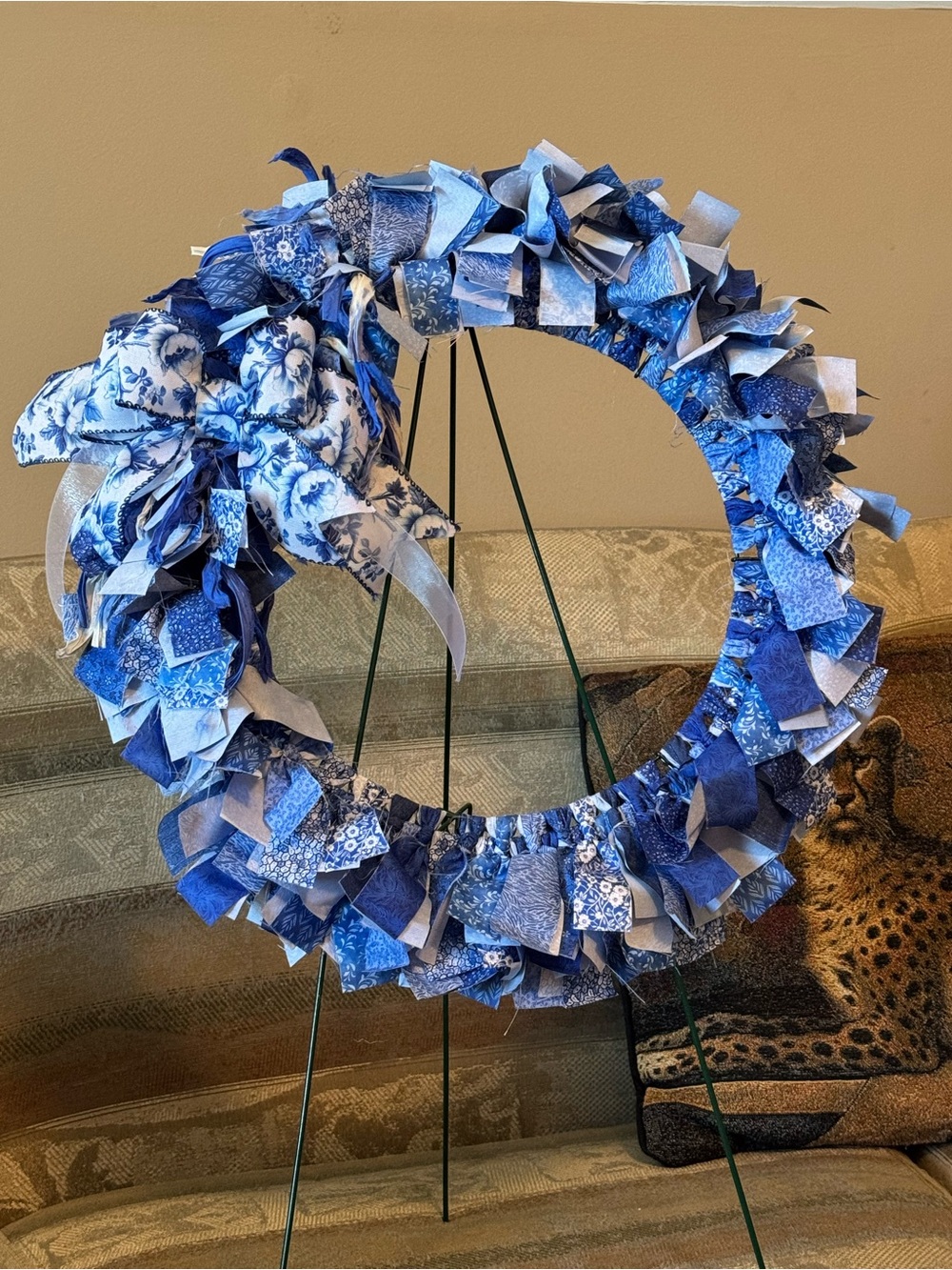 Handmade Blue Fabric Holiday Wreath with Bow